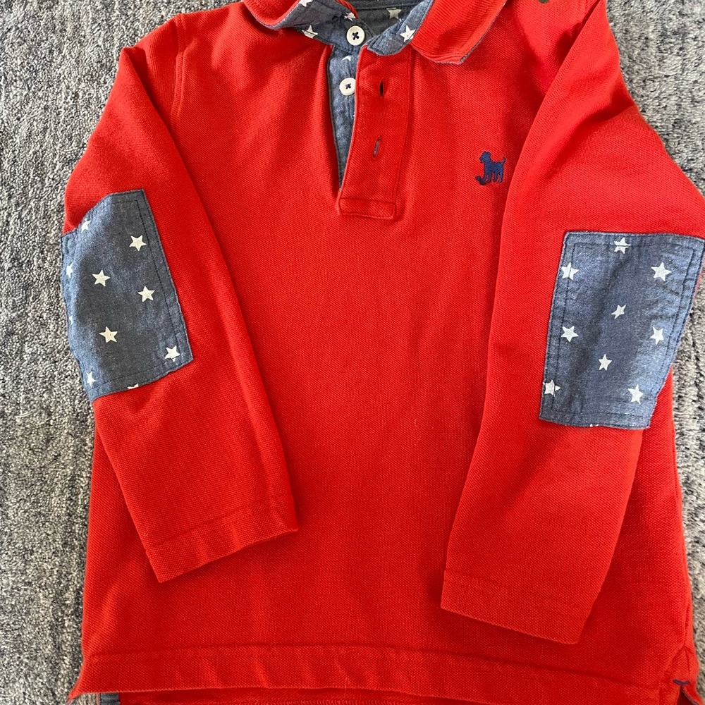 Mini Boden Boys Long Sleeve Orange Polo Shirt Star Elbow Patches Size 5/6 y